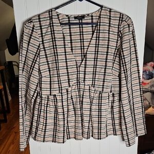 Rails Plaid V-Neck Blouse - Black, White, Pink